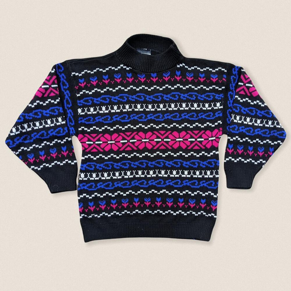 Vintage 80s floral fair isle‎ funky ski grandma Sweater mockneck Medium Women